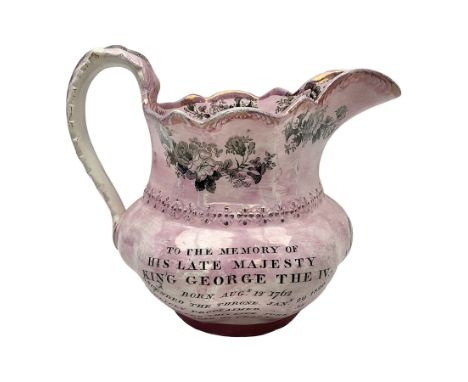 19th century Sunderland lustre jug, with portrait of King George IV and memoriam to the King verso, H19.5cm