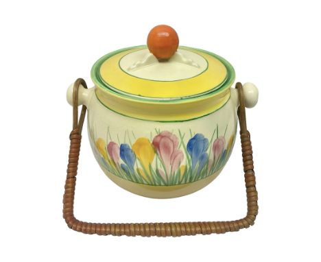 Clarice Cliff for Royal Staffordshire/Newport pottery, biscuit barrel with cover in Sungleam Crocus pattern, H16cm 