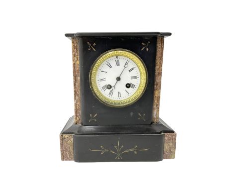 French - Mid-19th century 8-day mantle clock, in a Belgium slate case with marble relief and incised gilt decoration, enamel 