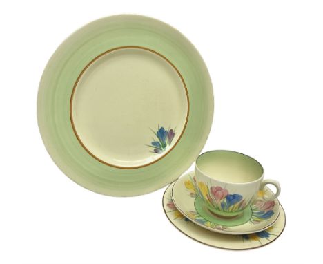Clarice Cliff trio and plate in Spring Crocus pattern, all with printed mark beneath, plate D25cm 