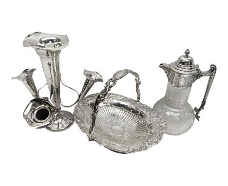 Silver plated three branch epergne, together with a silver plated cut glass claret jug, and silver plated embossed swing hand