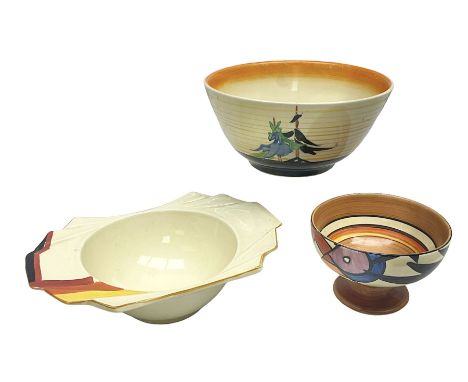 Clarice Cliff for Newport Pottery ceramics, comprising bowl, in Pine Grove pattern,  and a Bizarre sugar bowl and grape fruit