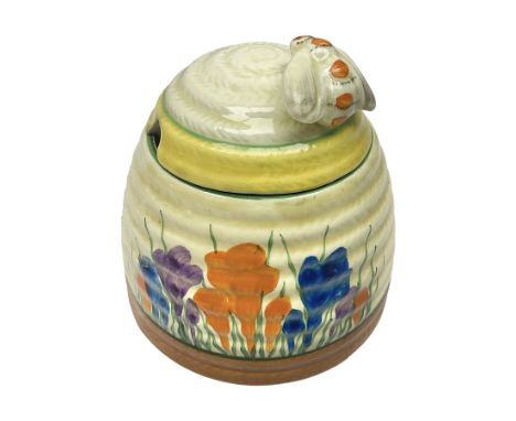 Clarice Cliff Bizarre for Newport Pottery, beehive honey pot with cover in Crocus pattern,  with printed mark beneath, H9cm