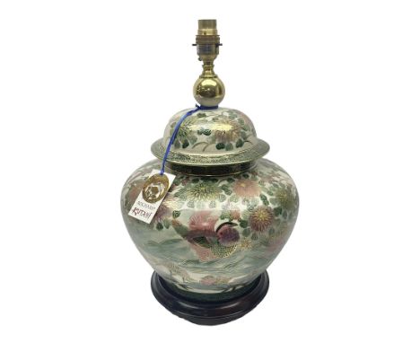 Table lamp of squat baluster form, decorated with Mandarin ducks and floral  landscape, upon a circular wooden base H42cm