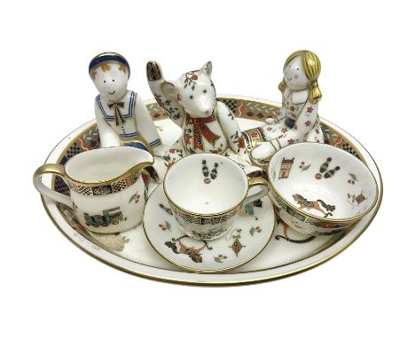 Royal Crown Derby Treasures of Childhood cabaret set, comprising tray, milk jug, sucrier, teacup and saucer, together with tw