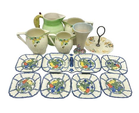 Collection of 1930s ceramics, comprising Shorter & Son jug with bird handle, set of three J.H.W & Sons graduating jugs, Clari