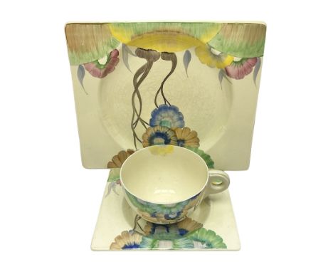 Clarice Cliff Biarritz for Royal Staffordshire/Wilkinson Ltd, teacup, saucer and side plate, in Viscaria pattern, the plate a