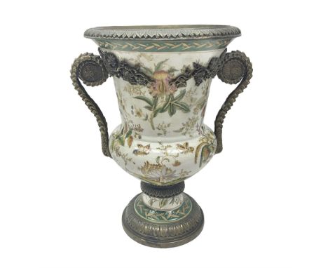 Wong Lee, twin handled ceramic urn with enamelled floral decoration and bronzed metal mounts, marked to base, height 33cm