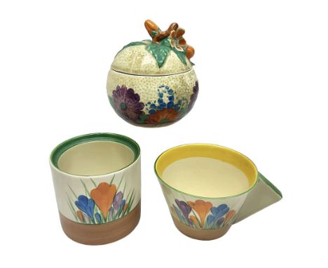 Clarice Cliff for Newport Pottery ceramics, comprising preserve jar and Bon Jour shape teacup, both in Crocus pattern, togeth