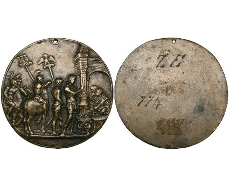The Master IO FF, The Trial of Mucius Scaevola, bronze plaquette, 55.9mm (Scaglia VI.8 – 3, variant B; cf. Molinier 138; Bang