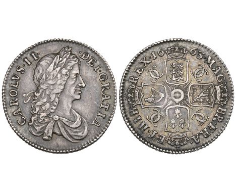 Charles II, shilling, 1663, first bust variety (ESC 1025; S. 3372), mark on cheek, toned, good very fine