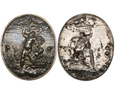 Netherlandish (17th century), Abraham and Isaac, silver repoussé oval medal, uniface, 78mm x 65mm, mounted, very fine  From t