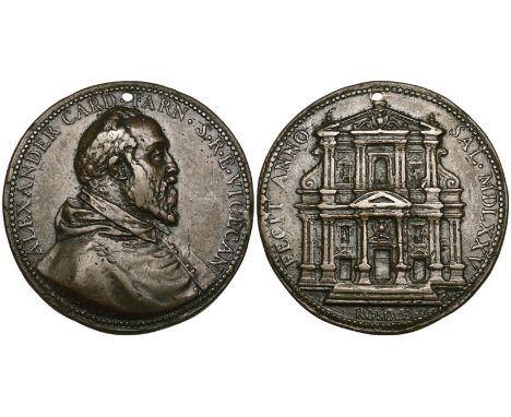 Giovanni Melon, Alexander Farnese (1520-89, Cardinal), bronze medal, 1575, bust right, rev., façade of the Gesù, 48mm (Attwoo