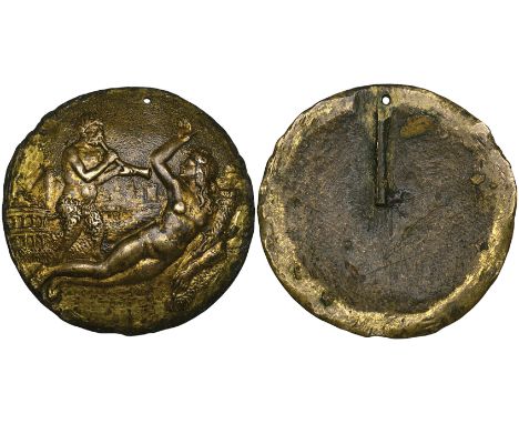 Pseudo-Fra Antonio da Brescia, Abundance and a Satyr, bronze-gilt plaquette, 57.3mm (Molinier 121; Bange 644; cf. Kress 189, 