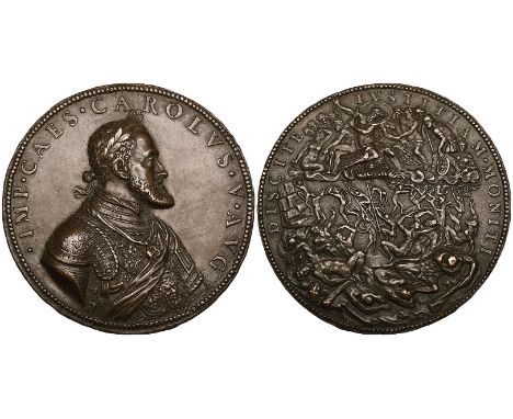 Leone Leoni, Charles V (Holy Roman Emperor, 1519-1556), bronze medal (1549), laureate bust right, rev., Jupiter repelling the