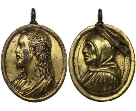 Anonymous (17th century), Christ and a Martyr, oval bronze-gilt locket in the form of a box medal, with image of Christ facin