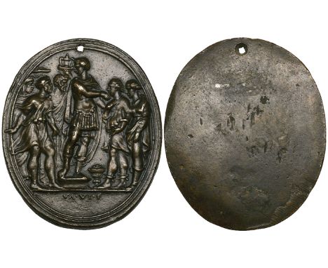 Valerio Belli (c. 1468-1546), The Continence of Scipio, bronze oval plaquette, signed below VA VI F, 51.6mm x 43.2mm (Molinie