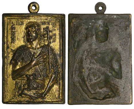 Netherlandish (c. 1600), St. John the Baptist, bronze-gilt rectangular plaquette, inscribed NON SUREXIT MAIOR, 99.2mm x 70.5m