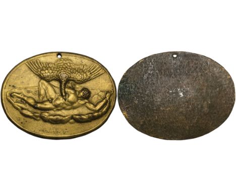 Giovanni Bernardi da Castelbolognese (1496-1553), Prometheus (or Tityos), oval bronze-gilt plaquette, the prostrate figure in