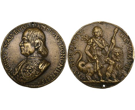 Bolognese School,  Pirro Malvezzi (patrician of Bologna, 1429-1505), bronze medal, 1477, bust left wearing armour emblazoned 