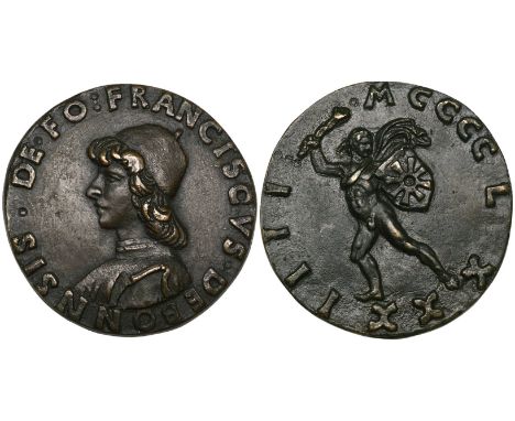 Roman School (1484), Francesco Bonsi della Ruota, bronze medal, bust left in hat, rev., Hercules with raised club, holding sh