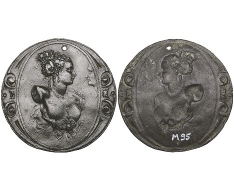 Alfonso Ruspagiari (1521-1576), Unidentified Woman and Her Admirer, uniface lead medal, sculptural female bust right, her hai