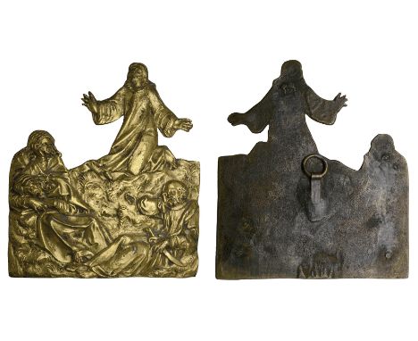 German (17th century), The Agony in the Garden, silhouetted bronze-gilt plaquette, Jesus praying and the sleeping figures of 