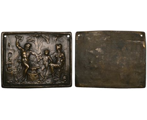 German (Nuremberg, late 16th century), Vulcan forging Cupid’s Arrows, bronze plaquette, Vulcan at forge, Cupid and Venus etc.