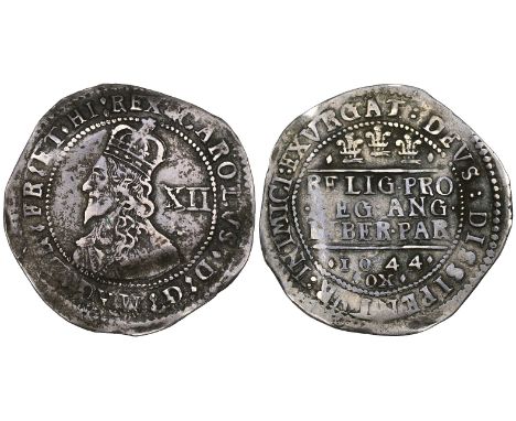 Charles I, Oxford mint, shilling, dated ‘1044’ in error for 1644, m.m. Shrewsbury plume on obverse only, obv., type C, large 