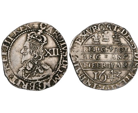 Charles I, Oxford mint (1642-6), shilling, 1643, m.m. Oxford plume/-, 5.82g (N. 2442; S. 2972), old crease mark behind portra