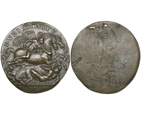 Attributed to Moderno, A Battle Scene, bronze circular plaquette, inscribed DVBIA FORTV - M, 53.9mm (Molinier 216; Bange 514;