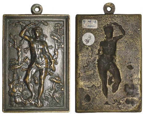 Netherlandish (c. 1600), St. Sebastian, bronze rectangular plaquette, 101.6mm x 70.7mm (Weber 1041.1; Molinari 412A), with su