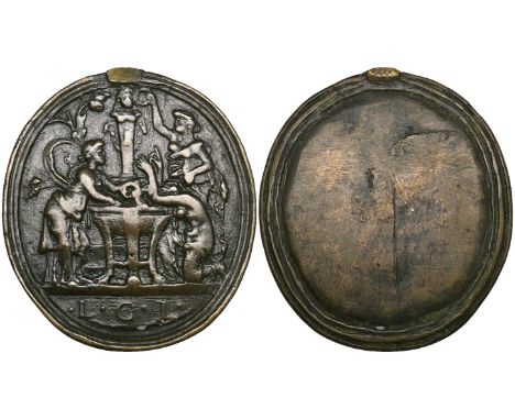 Cristoforo di Geremia, Sacrifice to Priapus, oval bronze plaquette, inscribed in the exergue L C I, 61mm x 54.3mm (Molinier 1