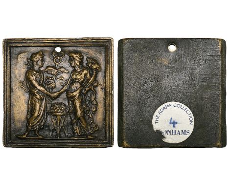 Cristoforo di Geremia, An Emperor and Concord, bronze square plaquette, the emperor clasping hands with the figure of Concord