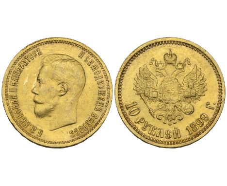 Nicholas II (1894-1917), 10-roubles, 1899, mintmaster AГ (Bitkin 4), scuffs before portrait, about extremely fine   Ex Stack’
