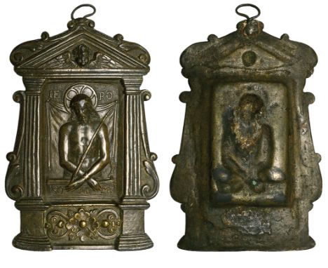 Italian School (late 15th – early 16th century), Christ as Man of Sorrows, bronze pax, with inscription IE-RO-SO-LI-M around 