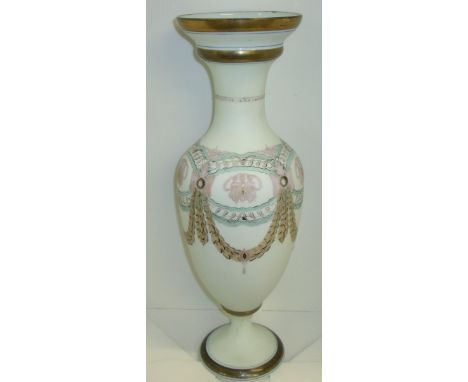 Large opaque glass Grecian urn shaped vase with hand painted enamel bead work and laurel swag patterns with gilt detailing ap