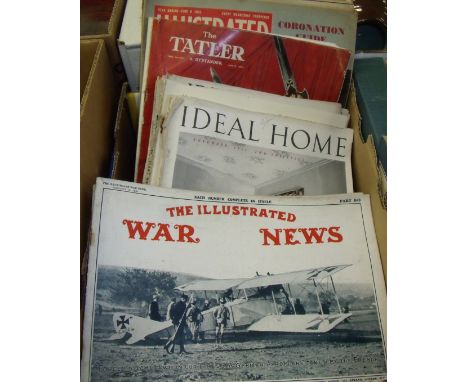 Small box of assorted magazines including the Illustrated War News, Ideal Home dating from the 1940s, Taxler dated 1953, Illu