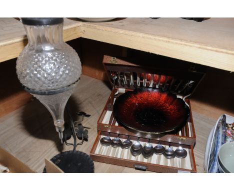 Retro set of cutlery with wooden handles, a wrought iron spirit optic with press glass decanter and a glass dish in the form 