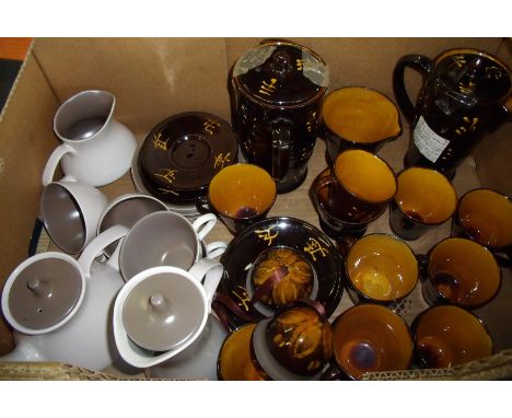 Box of assorted Studio Pottery including a treacle glazed coffee set and a Poole half tea set 