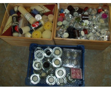 Large selection of glass tea light holder, tea lights, candles etc. (in 3 boxes)