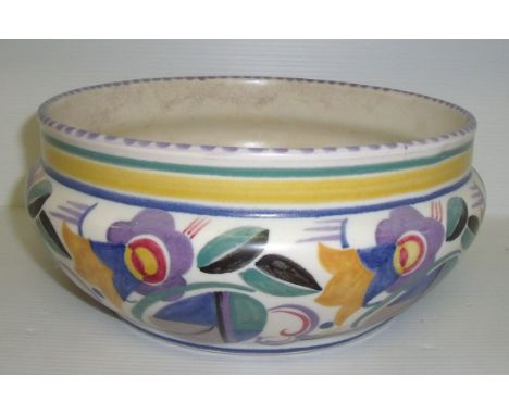 Poole Pottery 1920s/30s shallow pattern bowl designed by Truda Adams with blue, yellow and green border and purple, green and