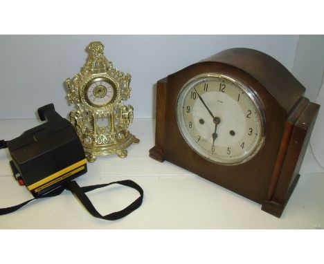 1930s Enfield mahogany cased mantel clock, a Polaroid The Construction camera in carry case and gilt mantel clock  