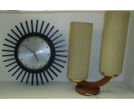 Retro Westclox sunburst style wall clock and a retro table lamp 