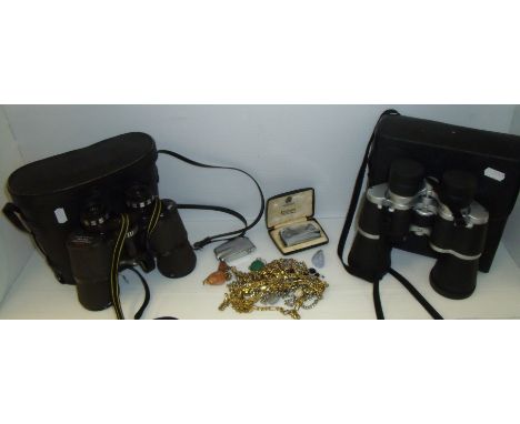 Two pairs of cased binoculars, small selection of costume jewellery and two Ronson lighters  