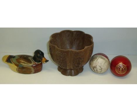 Decorative wooden bowl with Indo Persian style carved panels, 2 cricket balls and a wooden chicken trinket box