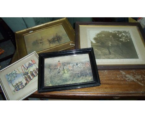 Small framed Russell Flint print depicting ladies at Roman baths, small framed hunting print, framed black and white photogra