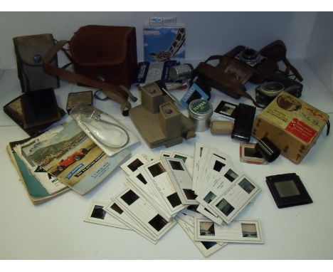 Selection of cameras including camera equipment, Crystal Microphone MIC33 in original box, boxed Brownie, Greenkat slide proj