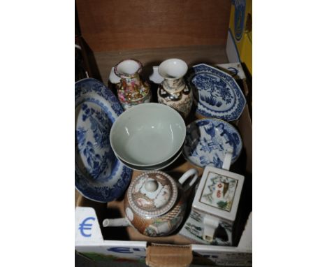Two Chinese Celadon dishes, blue and white Chinese plate, Chinese export ware teapot hand painted with panels depicting coupl