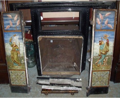 Victorian fireplace with oak surround, cast metal insert and decorative tile panels depicting falconry scenes (width 209cm, h
